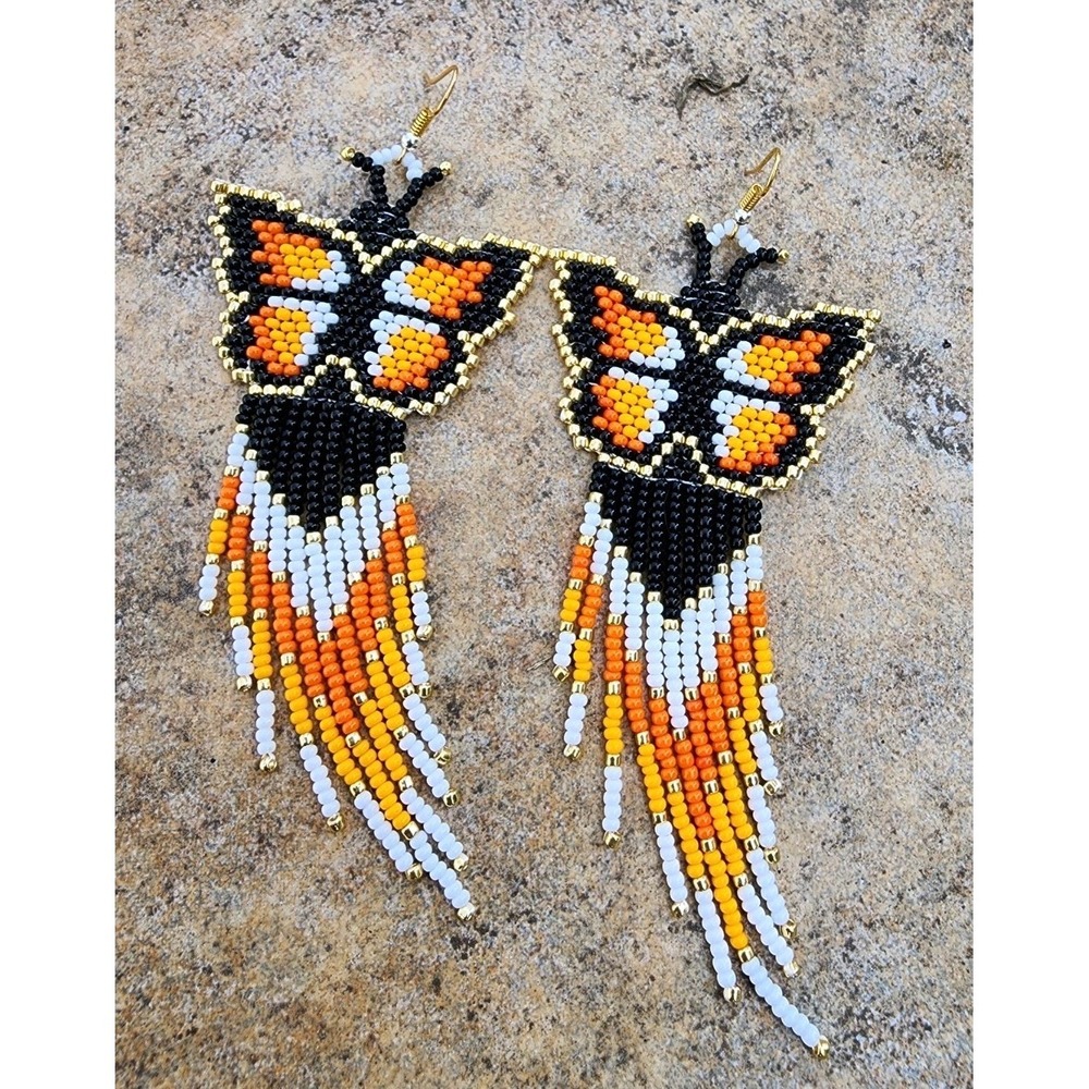 Women's  seed beads pure handmade Butterfly Earrings. Orange Color